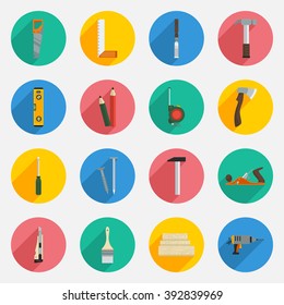 Editable Vector of Carpentry Equipment Illustration Icons Set in Flat Style with Long Shadow