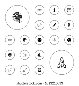 Editable vector cartoon icons: goose, brush, socks, tights, laughing emot, emot showing tongue, rocket, explosion, chest, devil heart with wings on white background.