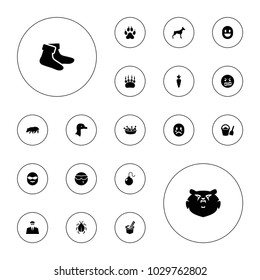 Editable vector cartoon icons: goose, dog, hippopotamus, socks, cool emot in sunglasses, angry emot, chicken leg, bucket and shovel, animal paw, bear on white background.