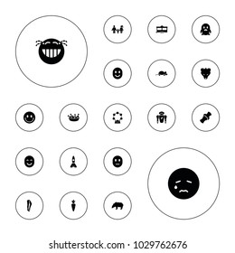 Editable vector cartoon icons: tights, crying emot, laughing emot, chicken leg, trailer, bone, robot, smiley, bear, mouse toy, carrot on fork, carousel on white background.