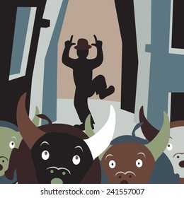 Editable vector cartoon illustration of bulls running away from a man in a street festival