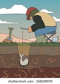 Bearbeitbare Vektorcartoon-Illustration eines Mannes, der Würmer fischt und einen Fisch als Köder verwendet
