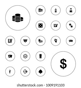 Editable vector casino icons: coin, casino chip and money, dice, security camera, vegas, domino, dice, lotto, pllaying card, spades on white background.
