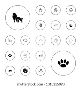 Editable vector cat icons: animal paw, panther, paw, mouse toy, lion on white background.