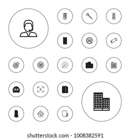 Editable vector center icons: business centre, business center building, building, support, target, wavy phone, 24 support, mortgage, dart on white background.