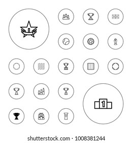 Editable vector championship icons: trophy, field, ranking, hoop, 1st place star, fotball, tennis ball on white background.