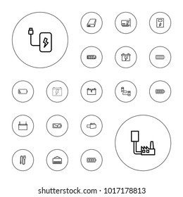 Editable vector charger icons: battery, baterry, phone cable, phone connection cable, cable, wire on white background.