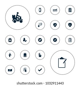 Editable vector check icons: airport desk, pointing on document, shield, tick, check, clipboard with cross, checklist, courier on motorcycle, add user on white background.