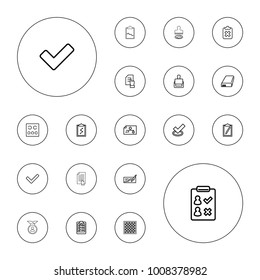 Editable vector check icons: stamp, pointing on document, tick, check, check list, clipboard with cross, clipboard with chart, clipboard, eye test on white background.