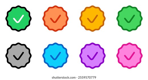 Editable vector check mark verification badge icon. Black, line style, transparent white background. Part of a big icon set family. Perfect for web and app interfaces, presentations, infographics, etc