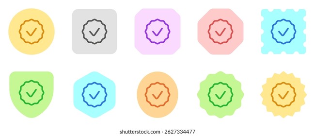 Editable vector check mark verification badge icon. Black, line style, transparent white background. Part of a big icon set family. Perfect for web and app interfaces, presentations, infographics, etc