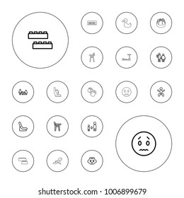 Editable vector child icons: baby, baby girl, child building kit, son and father, sad emot, family, couple with newborn, duck, kick scooter, piano toy on white background.