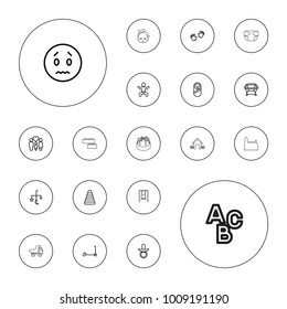 Editable vector child icons: baby, pacifier, bed mobile, pyramid, baby food, kick scooter, playpen, sad emot, family, diaper, toy car, child building kit on white background.
