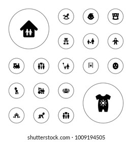 Editable vector child icons: baby onesie, train toy, father and son, baby bed, family, pregnant woman, family home, teddy bear, house, backpack on white background.