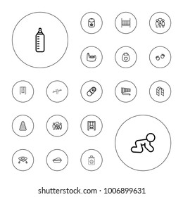 Editable vector childhood icons: baby bottle, pyramid, baby toy, swing, newborn child, playground ladder, family on white background.