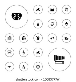 Editable vector childhood icons: pacifier, horse toy, swing, baby hands, carousel, baby carriage, family, xylophone, trampoline, pyramid, diaper on white background.