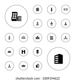 Editable vector city icons: modern curved building, building, bridge, eiffel tower, street lamp, panorama mode, chichen itza, business center, monument on white background.