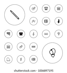 Editable vector classical icons: court, greek column, piano, heart baloons, treble clef, harmonica, musical pipe, harmonic, violin, musical sharp, note on white background.