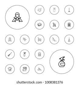 Editable vector cleaner icons: spray bottle, cleaning tools, broom, vacuum cleaner, mop, sponge, maid, dirty laundry, dustpan on white background.