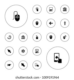 Editable vector click icons: pointer on display, finger on display, pointing, mouse, pointer, top of cargo box, remote control, touchscreen, back on white background.