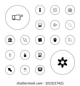 Editable vector click icons: pointer on display, mouse, hands, pointing, pointer, top of cargo box, back, remote control on white background.