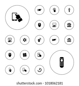 Editable vector click icons: pointer on display, finger on display, pointing, hands, top of cargo box, touchscreen, remote control, mouse on white background.