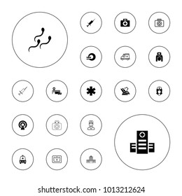 Editable vector clinic icons: first aid, hospital, mri, nurse, ambulance, sperm, medical kit, doctor, medical sign, injection on white background.