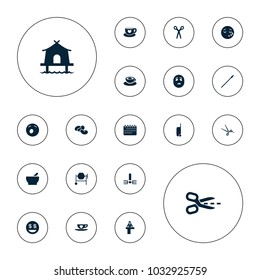 Editable vector clipart icons: bean, airport desk, barber scissors, concrete mixer, yawn emot, dollar smiley, sleeping emot, cup with heart, tent on white background.