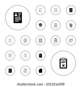 Editable vector clipboard icons: resume, paper, clipboard, checklist, doctor prescription on white background.