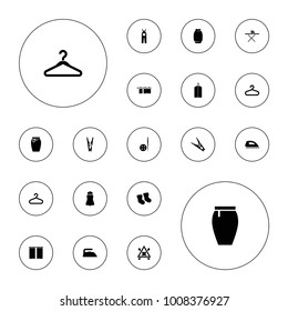 Editable vector cloth icons: baby socks, hanger, cloth pin, iron, skirt, curtain, needle button, ironing table, cloth hanging, clothes on hanger on white background.