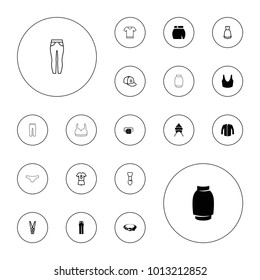 Editable vector clothes icons: baby cap, belt, sport bra, jacket, woman pants, skirt, baseball cap, tie, dress, cloth pin, football uniform, t-shirt on white background.