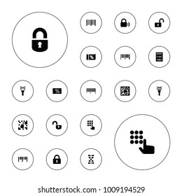 Editable vector code icons: barcode, ticket on sale, qr code, hand on atm, dna, lock on white background.