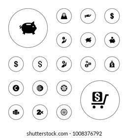 Editable vector coin icons: coin, 1 casino chip, casino bet, dollar, money box, piggy bank, globe dollar, dollar sign, lot price, casino chip on white background.