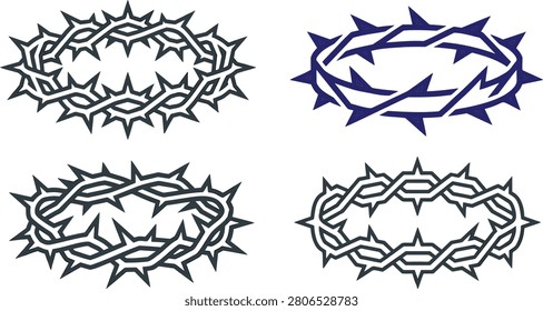 Editable vector collection featuring crown of thorns icons in multiple artistic styles, including classic, geometric, braided, and outline designs. Ideal for Christian artwork, Easter, Holy Week, Good Friday, church publications, Bible study materials, religious presentations, educational resources, logos, and spiritual design projects. #CrownOfThorns #ThornCrown #ChristianSymbol #ReligiousIcon #JesusChrist #HolyWeek #GoodFriday #Easter #PassionOfChrist #Christianity #Faith #Spiritual #Bible #Church #SacredSymbol #ReligiousVector #OutlineIcon #LineArt #EditableVector #FlatVector #IconSet #ReligiousDesign #ChristianArtwork #Biblical #VectorIllustration