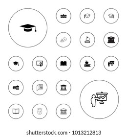 Editable vector college icons: school, teacher, diploma, court, book, graduation cap, apple on book, graduation hat on white background.