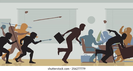 Recortes editables de color vectorial de los hombres de guerra atacando una reunión de negocios