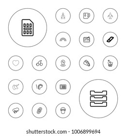Editable vector color icons: bucket, cherry, desk phone, sale location, palette, taco, tea cup, link, table box, sim card, trash bin, rainbow on white background.