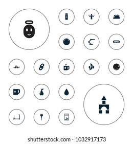 Editable vector color icons: orange, man with flags, kick scooter, barber brush, tea cup, pear, seed bag, battery, link, table lamp, open, toy tower on white background.