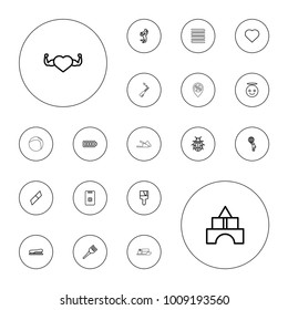 Editable vector color icons: toy tower, coloring brush, hearts, paint brush, eraser, emoji angel, ladybug, heart with muscles, baterry, door ringer on white background.