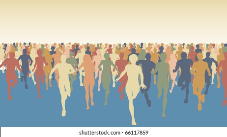 Editable vector colorful illustration of a large group of people running