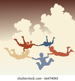 Editable vector colorful illustration of a ring of skydiving children