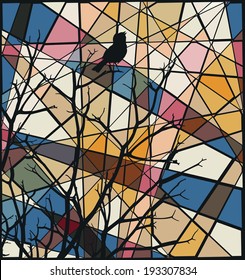 Bearbeitbare, Vektorfarbenfarbige Mosaikgrafik eines Vogels, der oben auf einem nackten Baum singt