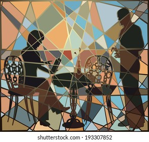 Editable vector colorful mosaic illustration of a woman ordering food and drink from a waiter at a cafe or restaurant