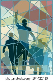 Editable vector colorido mosaico ilustración de un hombre celebrando ganar una carrera