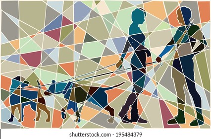 Editable vector colorful mosaic illustration of a man and woman and their pet dogs interacting