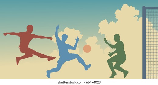 Silhouettes de acción editable vectorial colorido en un partido de fútbol