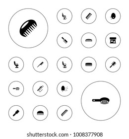 Editable vector comb icons: comb, hair brush, beauty salon, barber chair, honeycomb on white background.