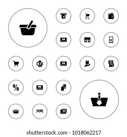 Editable vector commerce icons: credit card, creadit card payment, barcode, cargo protection, percent, bill of house sell, shopping cart, wallet on white background.