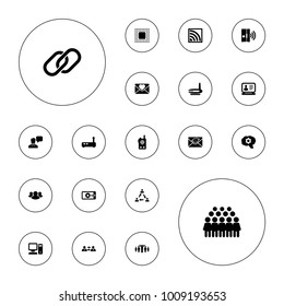 Editable vector communication icons: laptop, group, gear, love letter, communication, router, wi-fi, gear on display, chip, pc, intercom on white background.