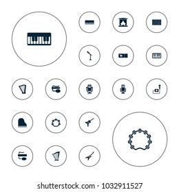 Editable vector concert icons: piano, microphone, pin microphone, harp, guitar, tambourine, ticket on white background.